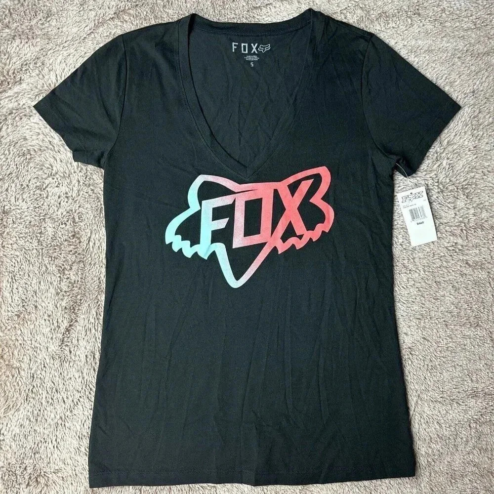 Fox Racing Women Top Black T-Shirt Logo Graphic Short Sleeve V Neck - Picture 2 of 16